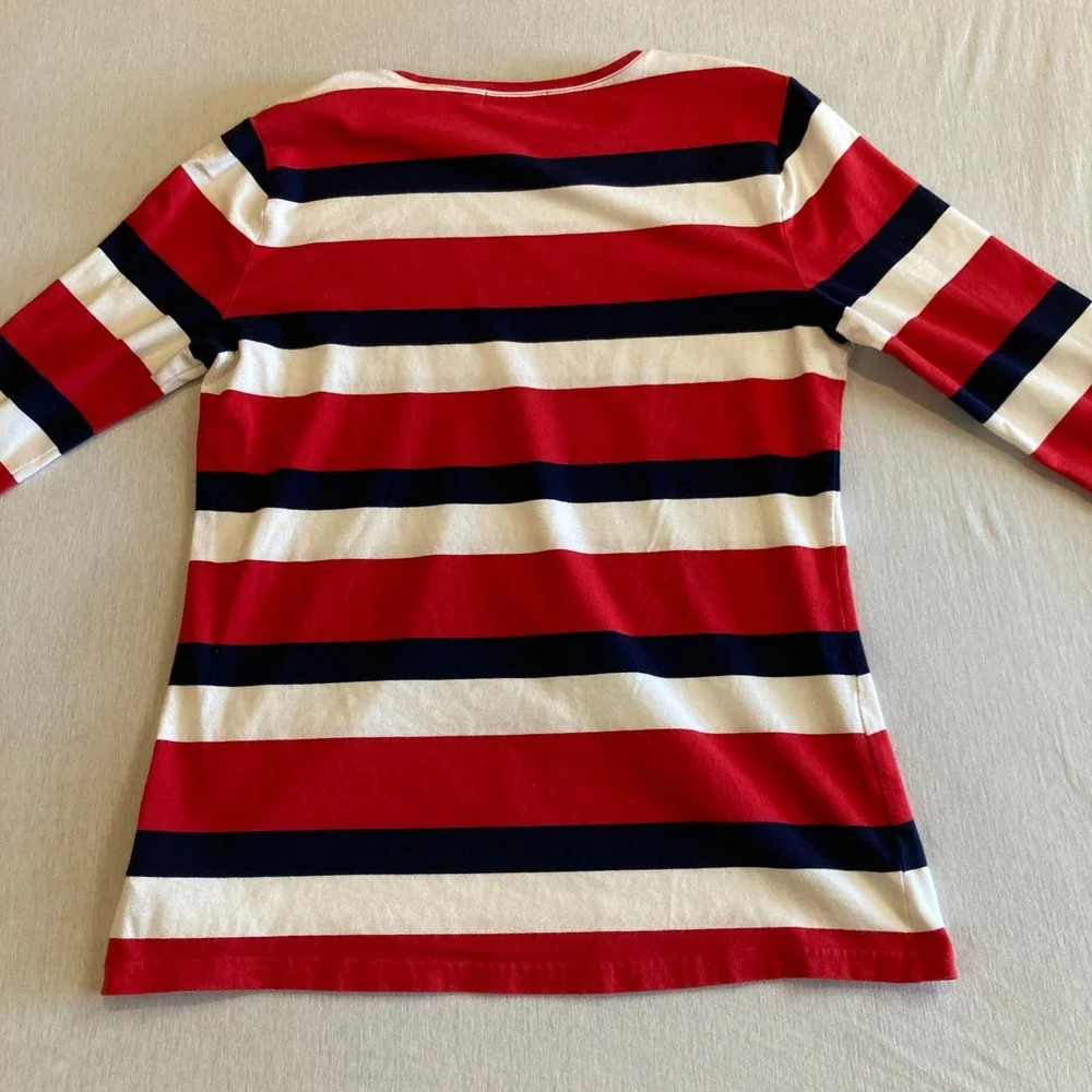 Chaps Top Womens Large Red White Navy Blue‎ Striped Button Shoulder L/S Blouse